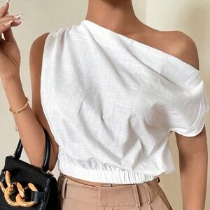 Solid White Linen One Shoulder Oversized Crop Top